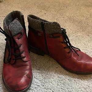 Remonte Red Lace Up Boots with Gray Accents